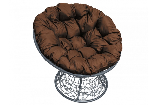 Кресло Папасан с ротангом каркас серый-подушка коричневая